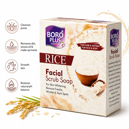 Boro Plus Rice Facial Scrub Soap infographic showing cleansing benefits