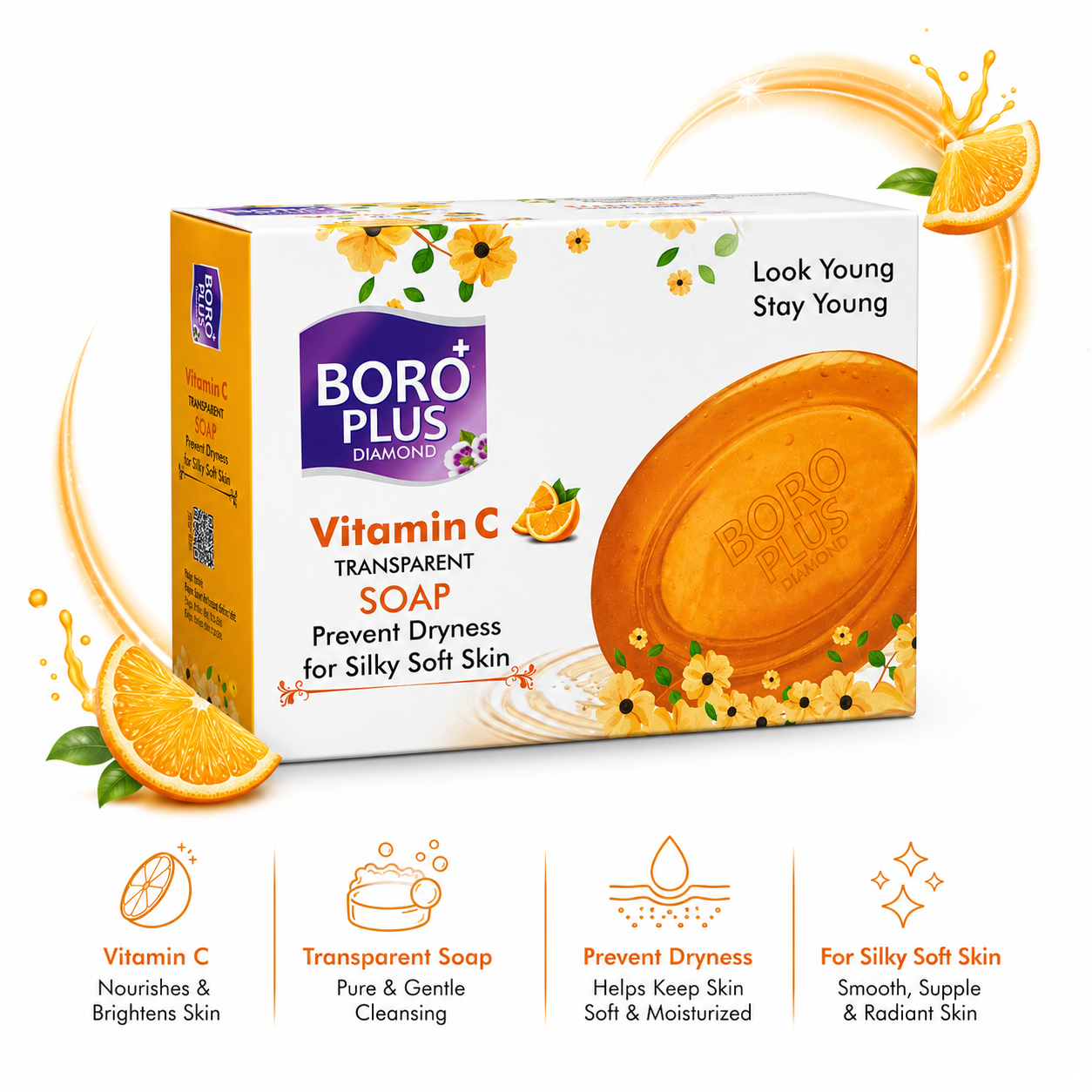 Boro Plus Vitamin C Soap infographic highlighting gentle cleansing and moisture