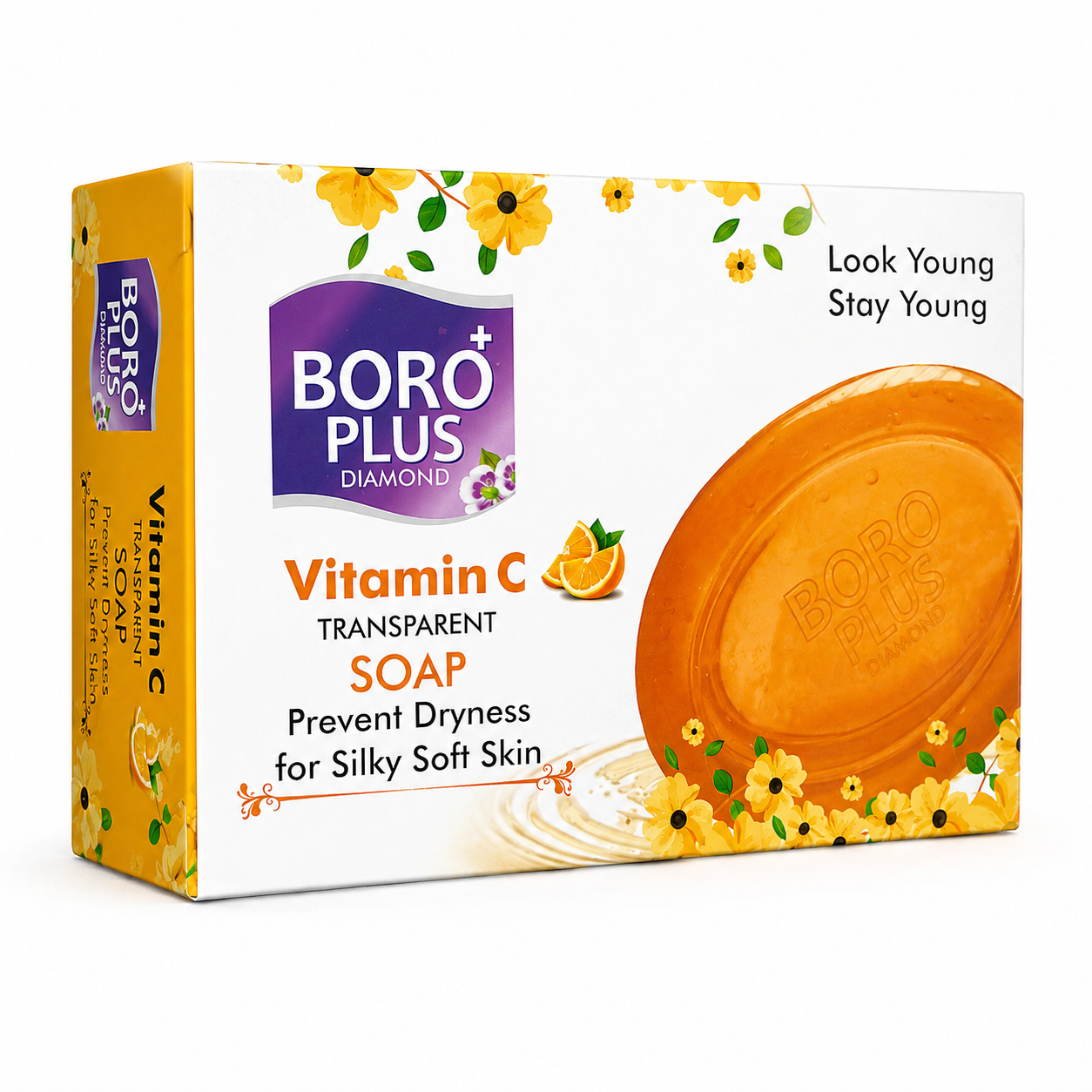 Angled view of Boro Plus Vitamin C Transparent Soap packaging