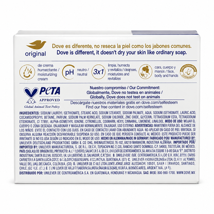 Back packaging of Dove Original Beauty Bar 135g with ingredients