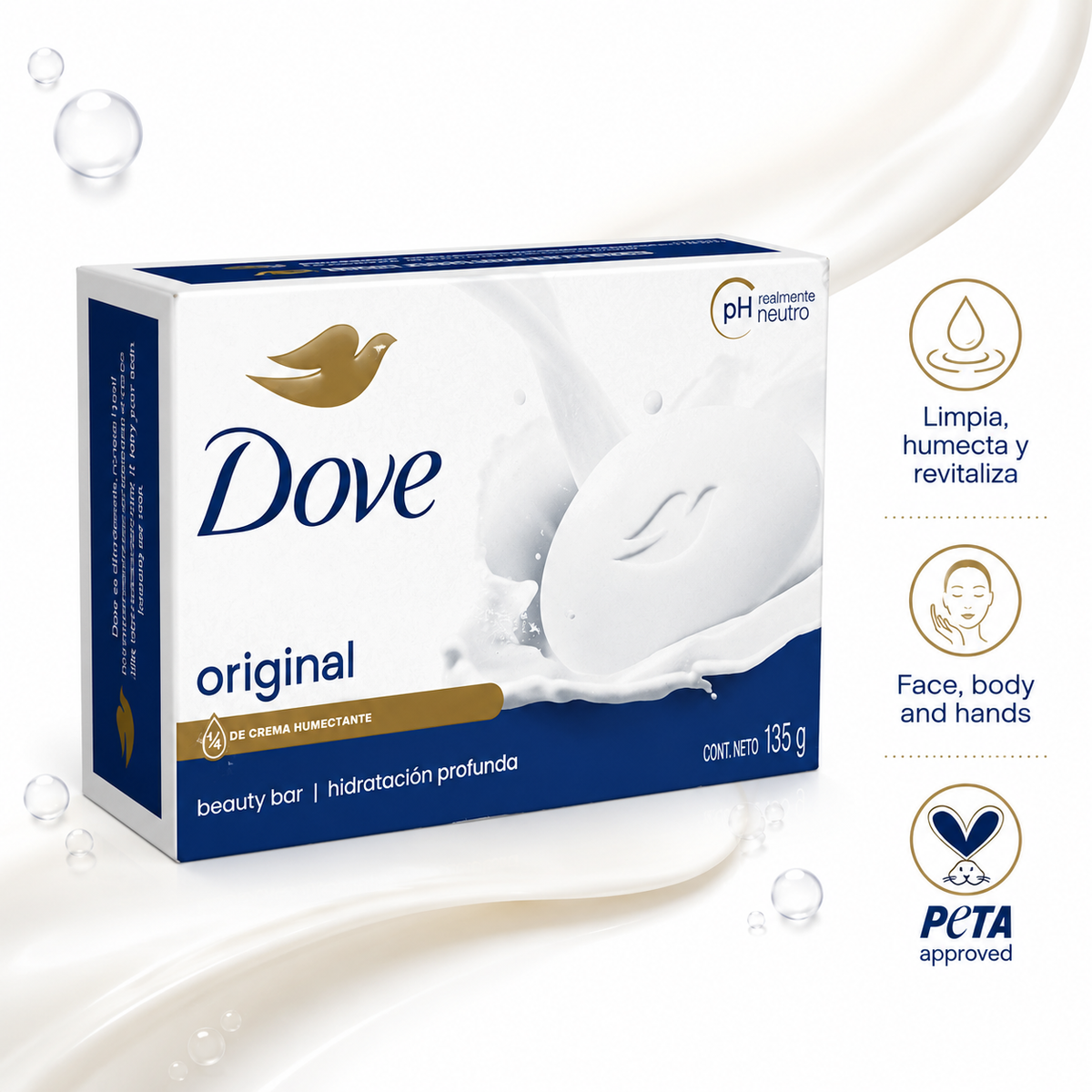 Dove Original Beauty Bar infographic highlighting moisturizing cream and neutral pH