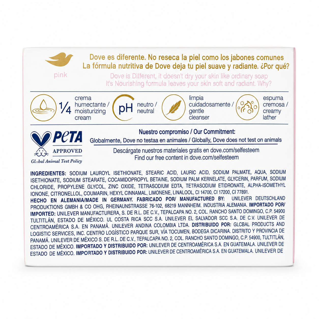 Back packaging of Dove Pink Beauty Bar with ingredients and product details