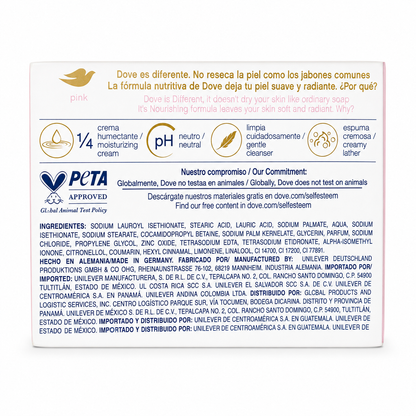 Back packaging of Dove Pink Beauty Bar with ingredients and product details