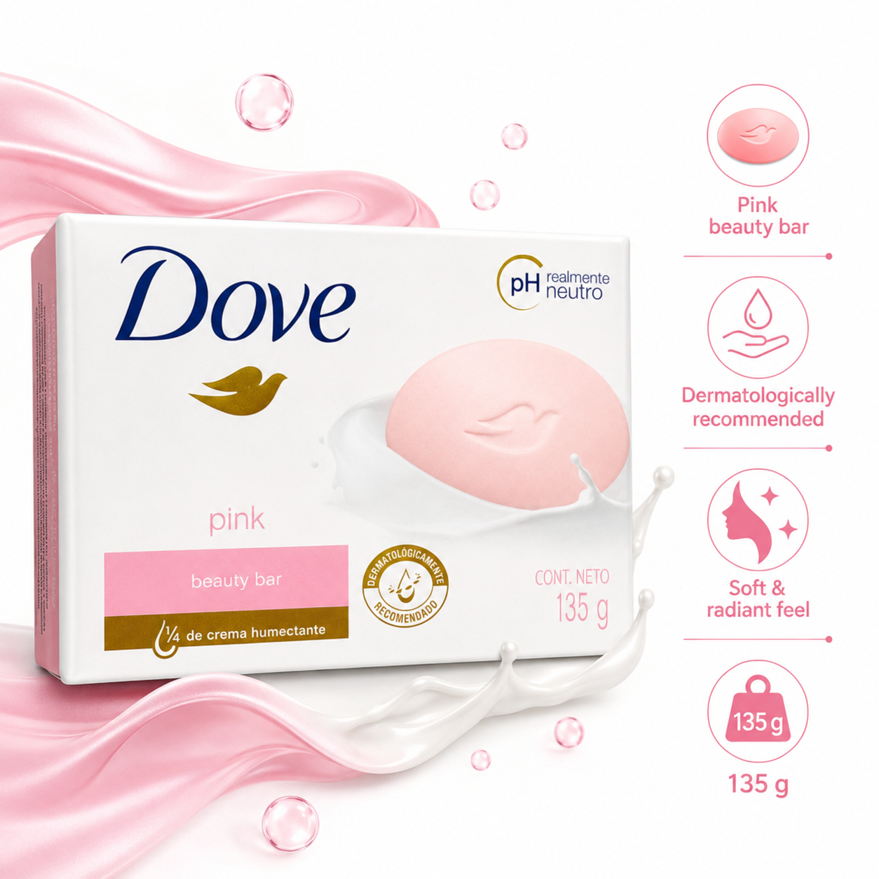 Dove Pink Beauty Bar infographic for a soft and radiant skin feel
