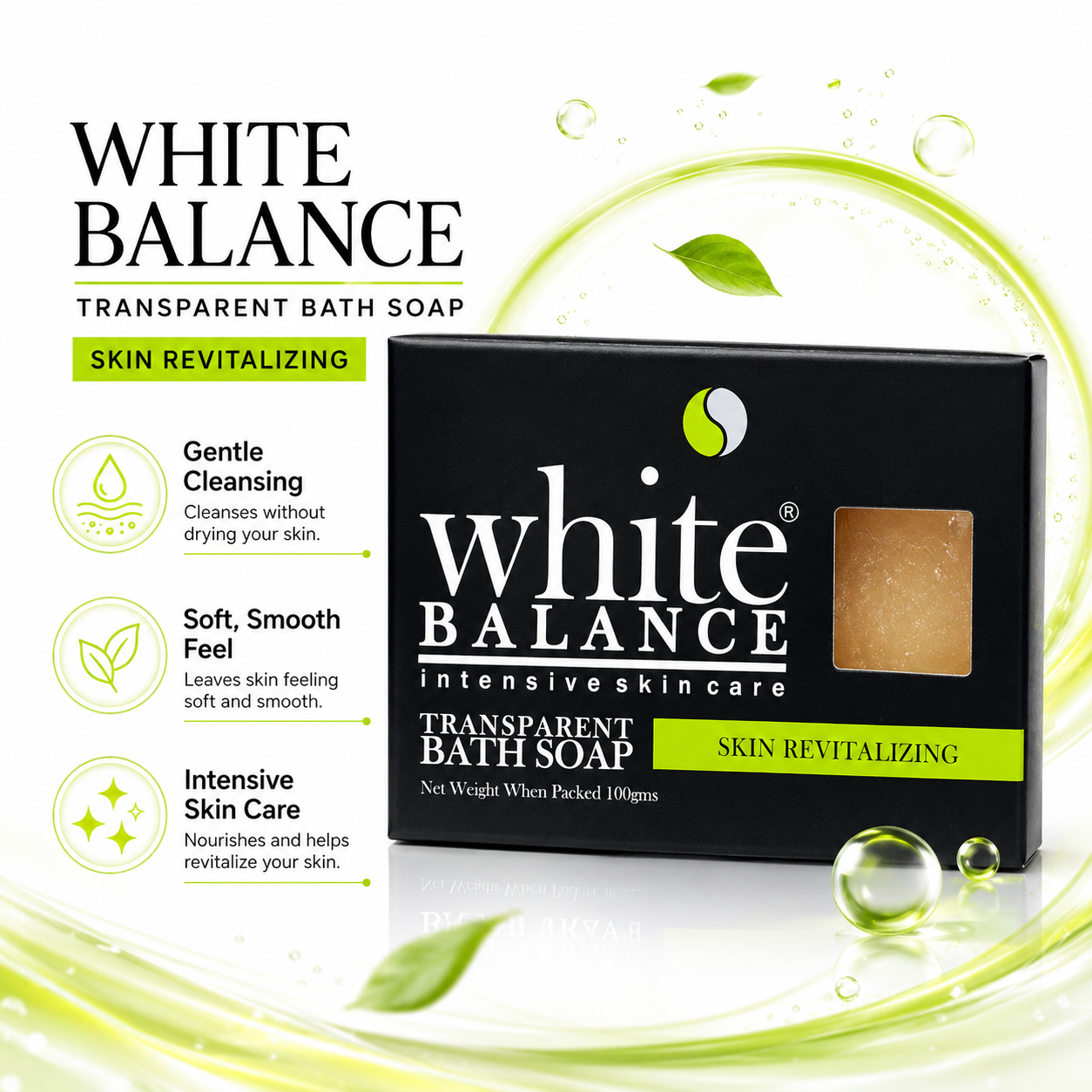 Infographic presenting gentle cleansing, soft-skin feel, and intensive care benefits of transparent bath soap.