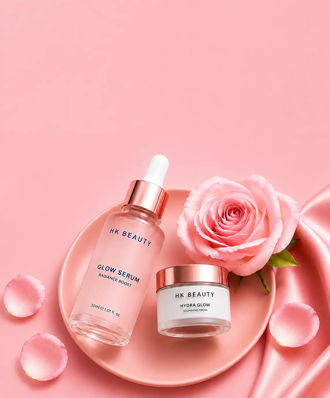 HK Beauty Glow Serum and Hydra Glow Nourishing Cream for radiant and hydrated skin on a pink background.