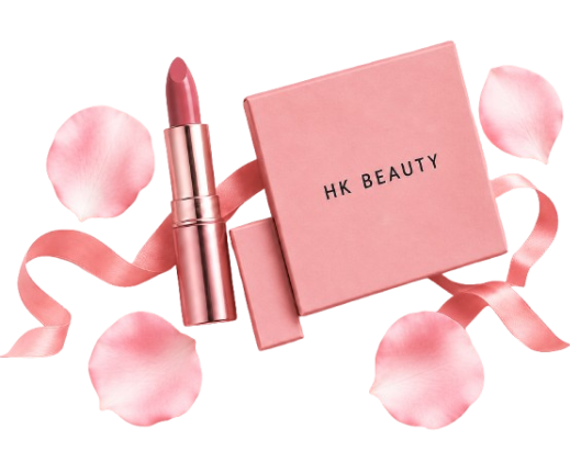 HK Beauty lipstick with elegant pink packaging, ribbon, and rose petals.