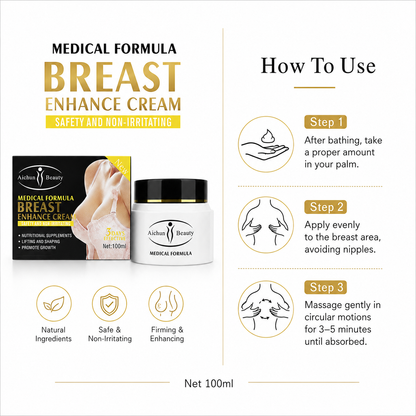 Three-step guide showing how to apply Aichun Breast Enhance Cream