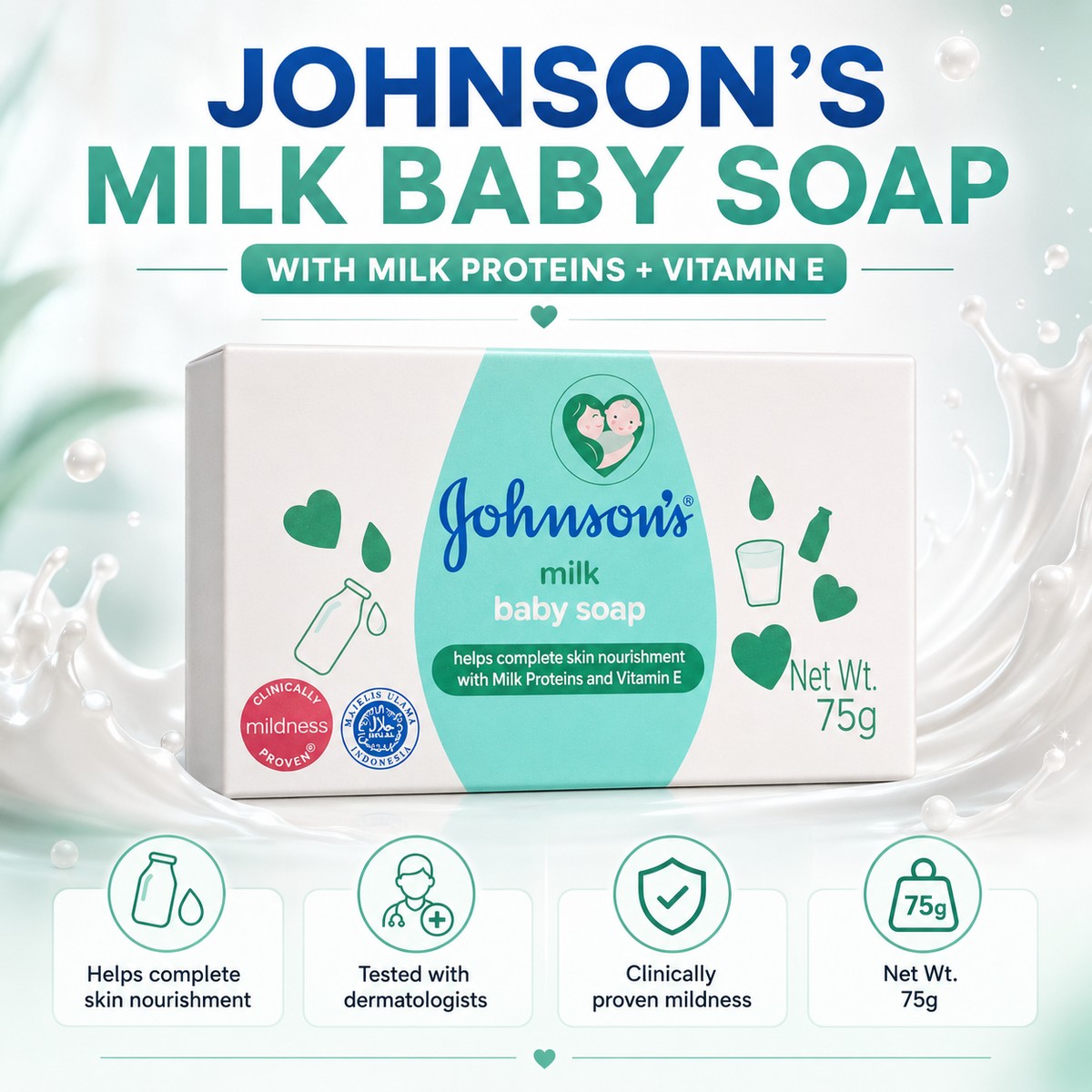 Johnson’s Milk Baby Soap infographic highlighting mild skin nourishment