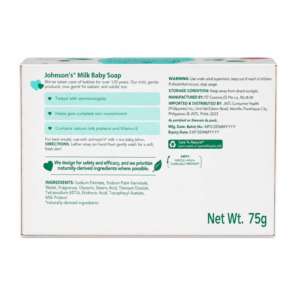 Back packaging of Johnson’s Milk Baby Soap with ingredients and directions
