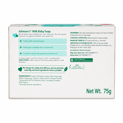 Back packaging of Johnson’s Milk Baby Soap with ingredients and directions