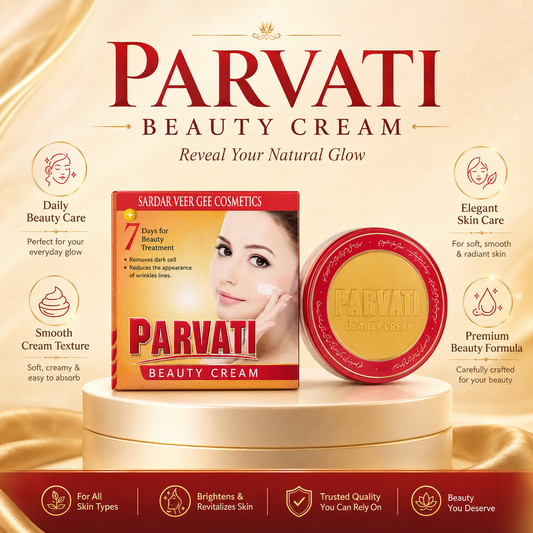 Parvati Beauty Cream infographic with daily beauty care smooth texture and radiant skin benefits
