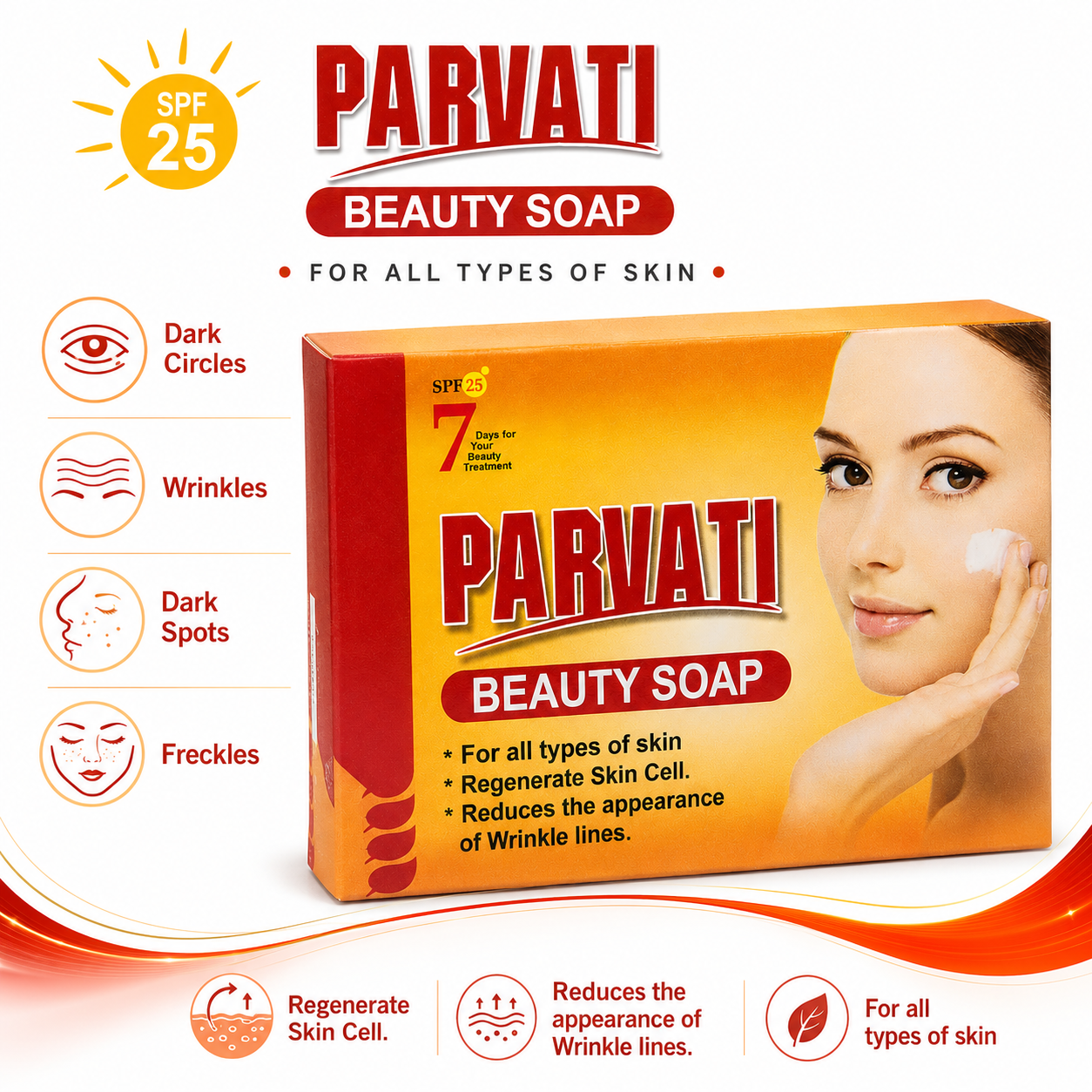 Parvati Beauty Soap infographic for dark spots wrinkles and freckles