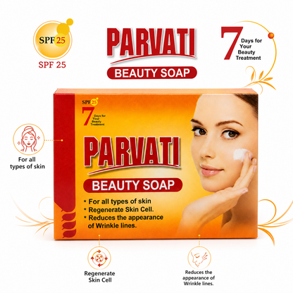 Parvati Beauty Soap infographic showing SPF 25 and skin care features