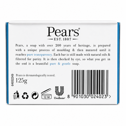 Back packaging of Pears mint transparent soap with product details