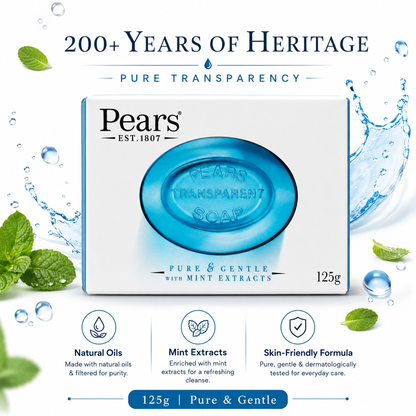 Pears mint transparent soap infographic with natural oils and gentle formula
