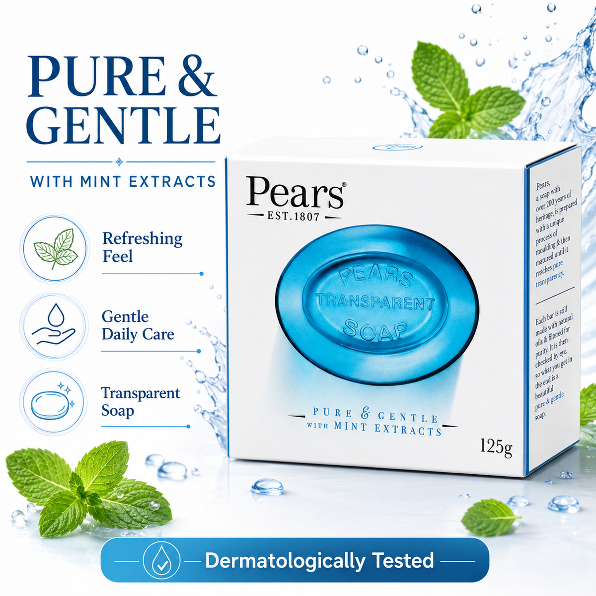 Pears transparent soap with mint extracts for refreshing daily care