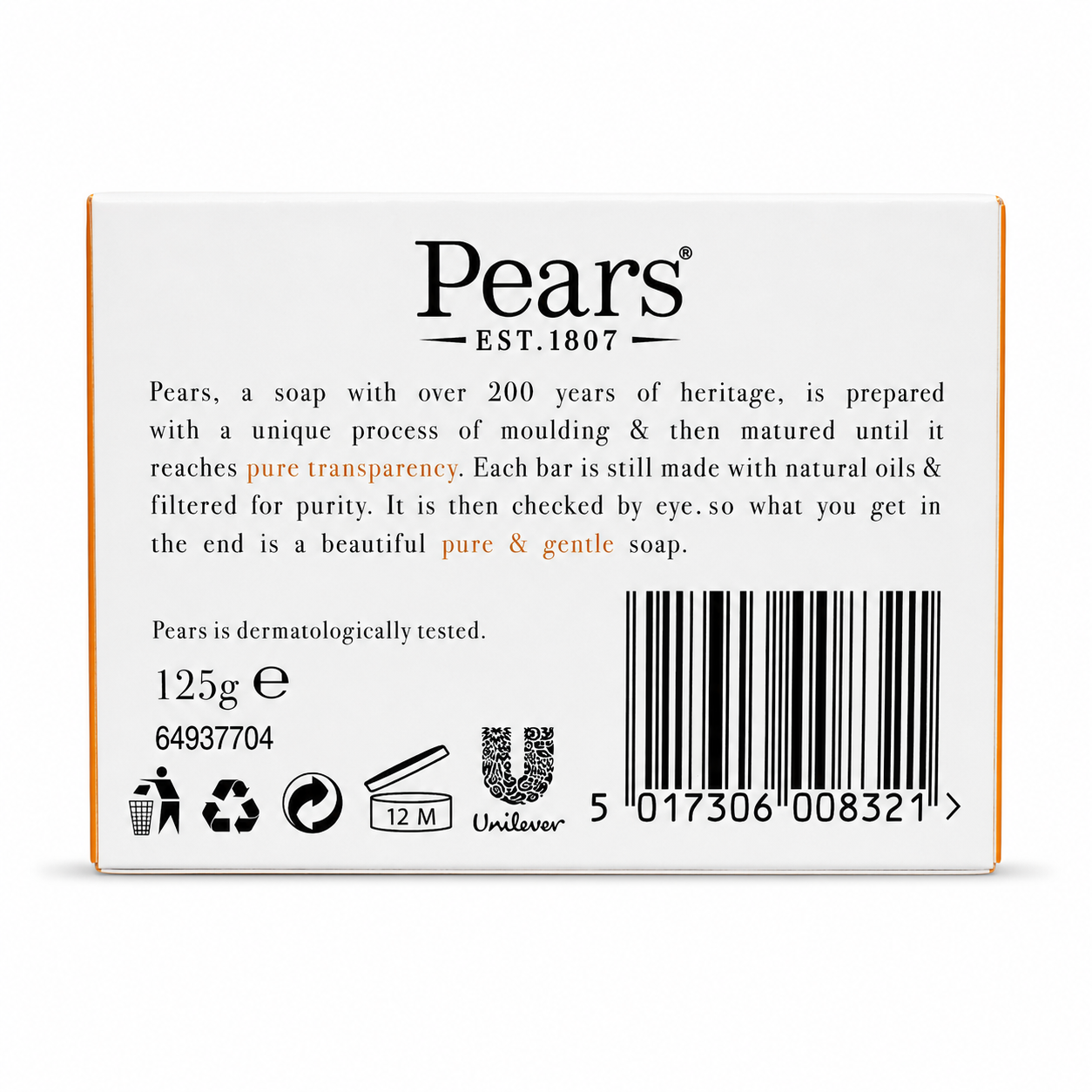 Back packaging of Pears transparent soap 125g with product details