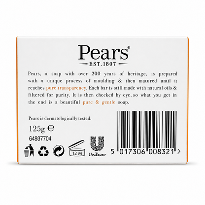 Back packaging of Pears transparent soap 125g with product details