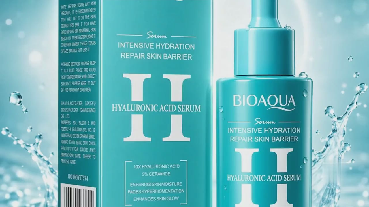 Load video: BIOAQUA Hyaluronic Acid Serum with water splash, designed for intensive skin hydration and moisture repair.
