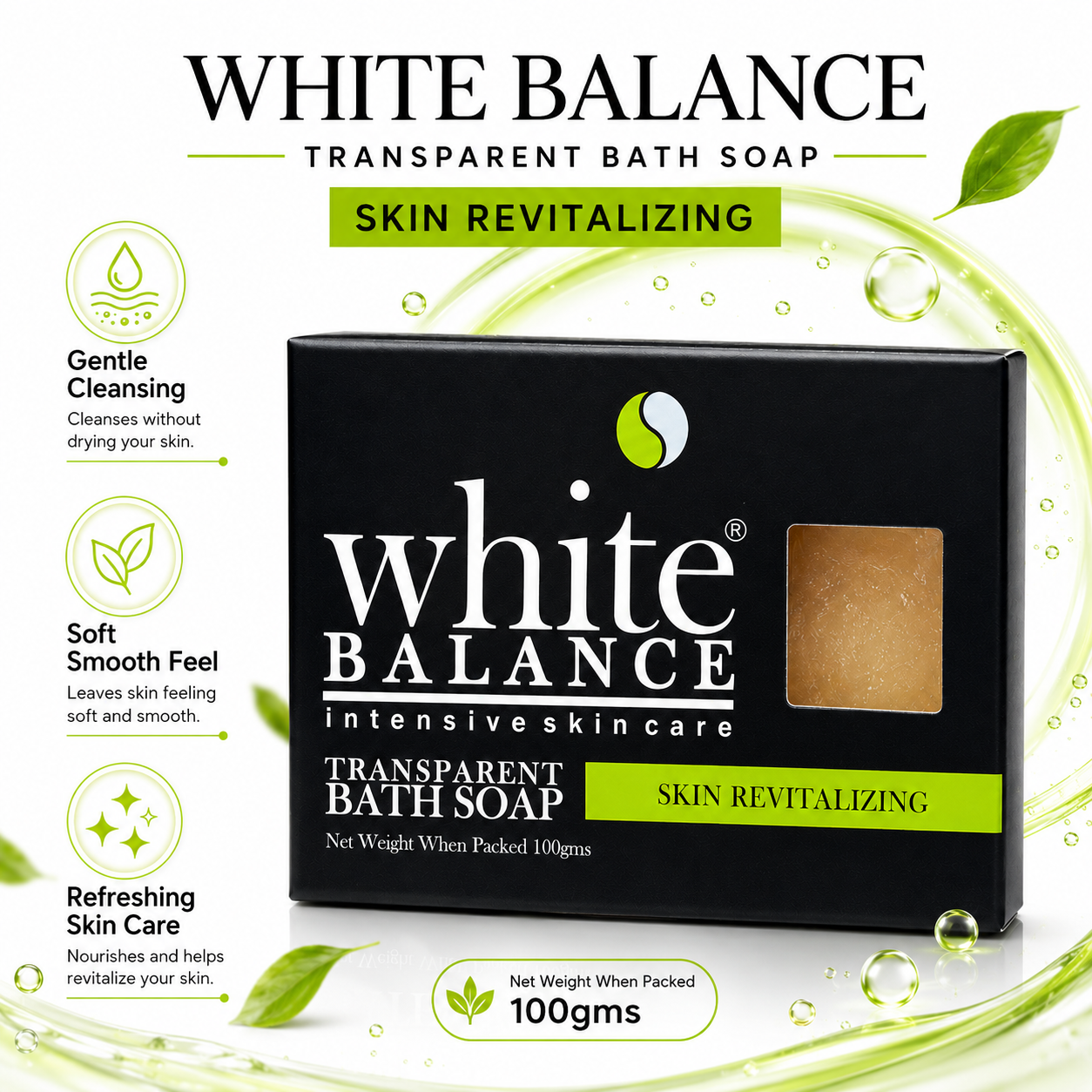 White Balance 100g bath soap highlighting gentle cleansing, smooth-feeling skin, and refreshing care.