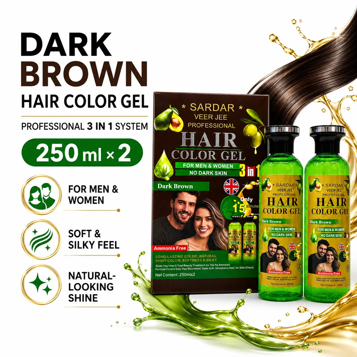 Sardar Veer Jee Dark Brown Hair Color Gel 250ml x 2 kit with box and two bottles for men and women
