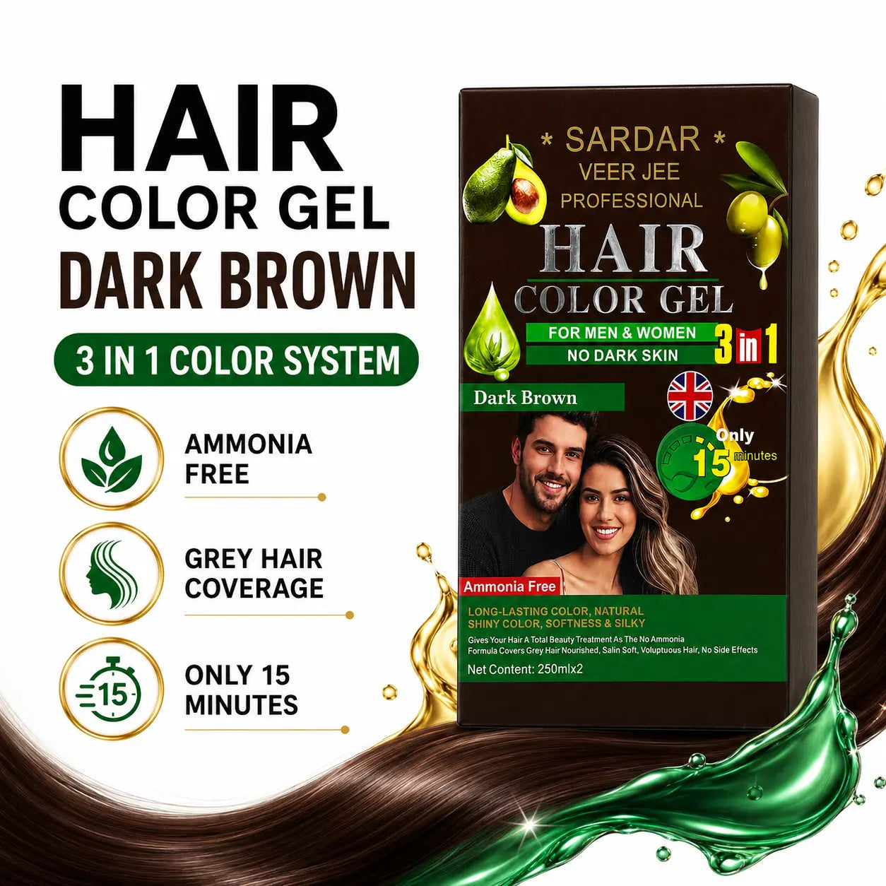 Sardar Veer Jee Dark Brown Hair Color Gel infographic highlighting ammonia-free formula, grey coverage and 15-minute use