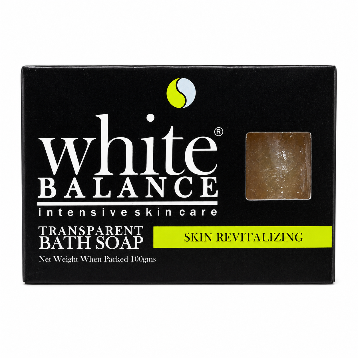 Front packaging of White Balance 100g transparent bath soap with the soap bar visible.