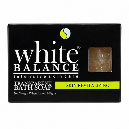 Front packaging of White Balance 100g transparent bath soap with the soap bar visible.