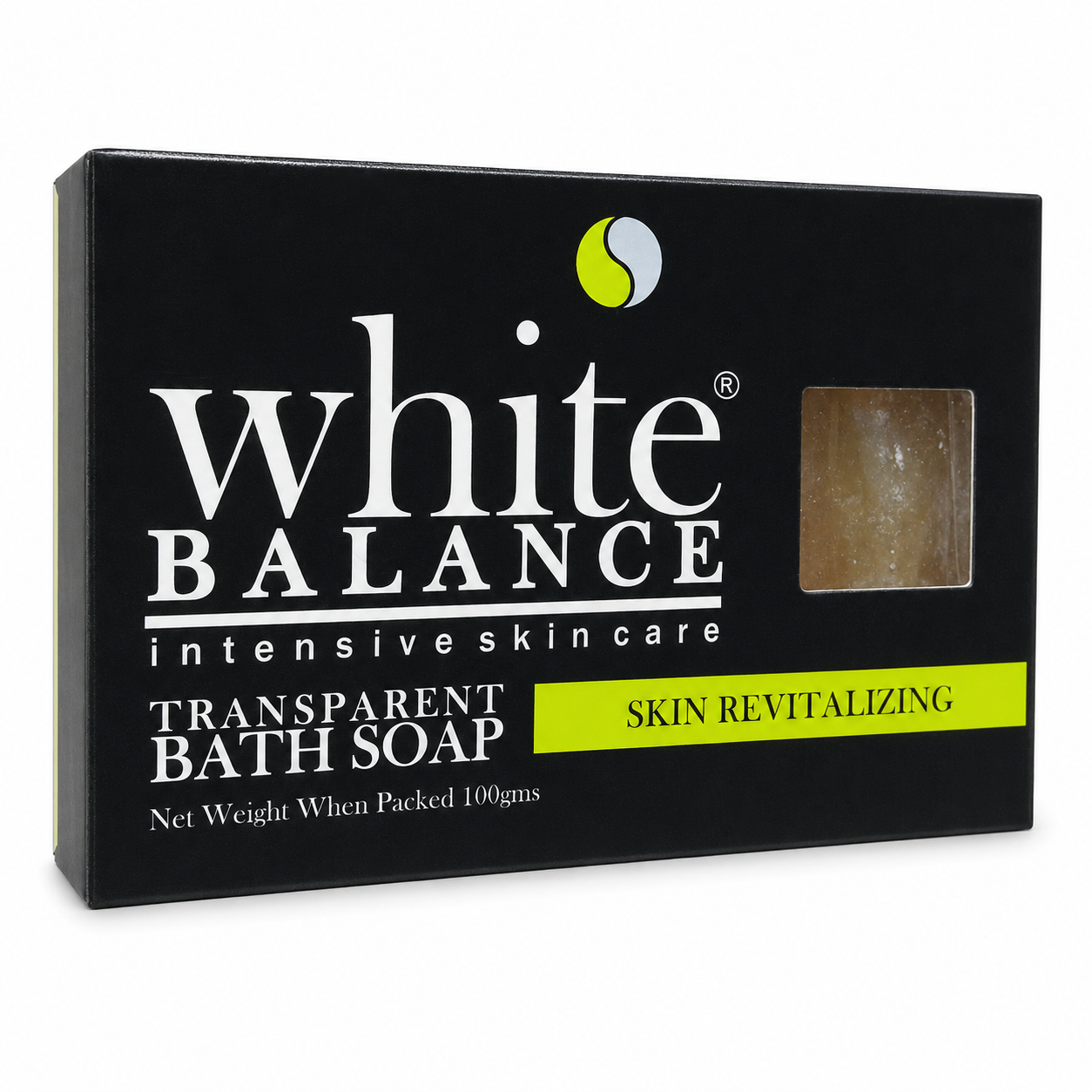 Angled view of White Balance skin-revitalizing transparent bath soap in black packaging