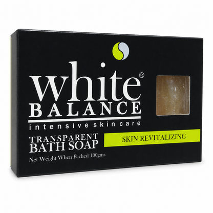 Angled view of White Balance skin-revitalizing transparent bath soap in black packaging
