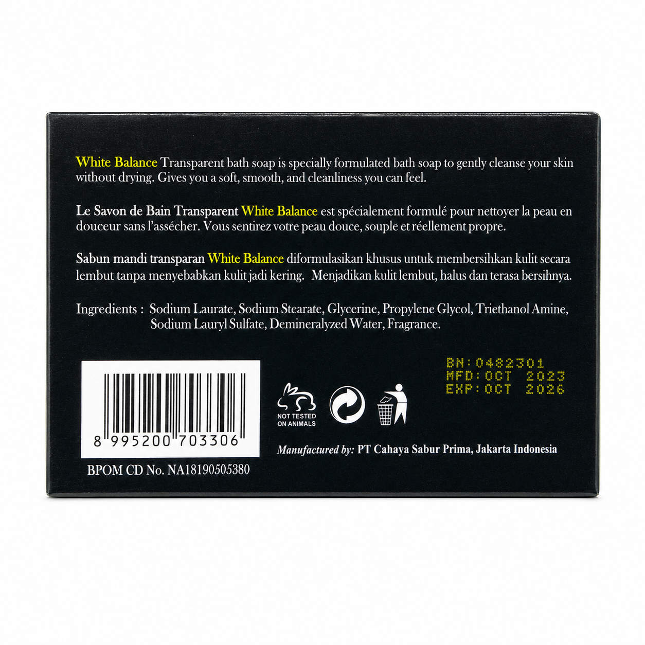Back packaging of White Balance Transparent Bath Soap showing ingredients, barcode, and manufacturing details.
