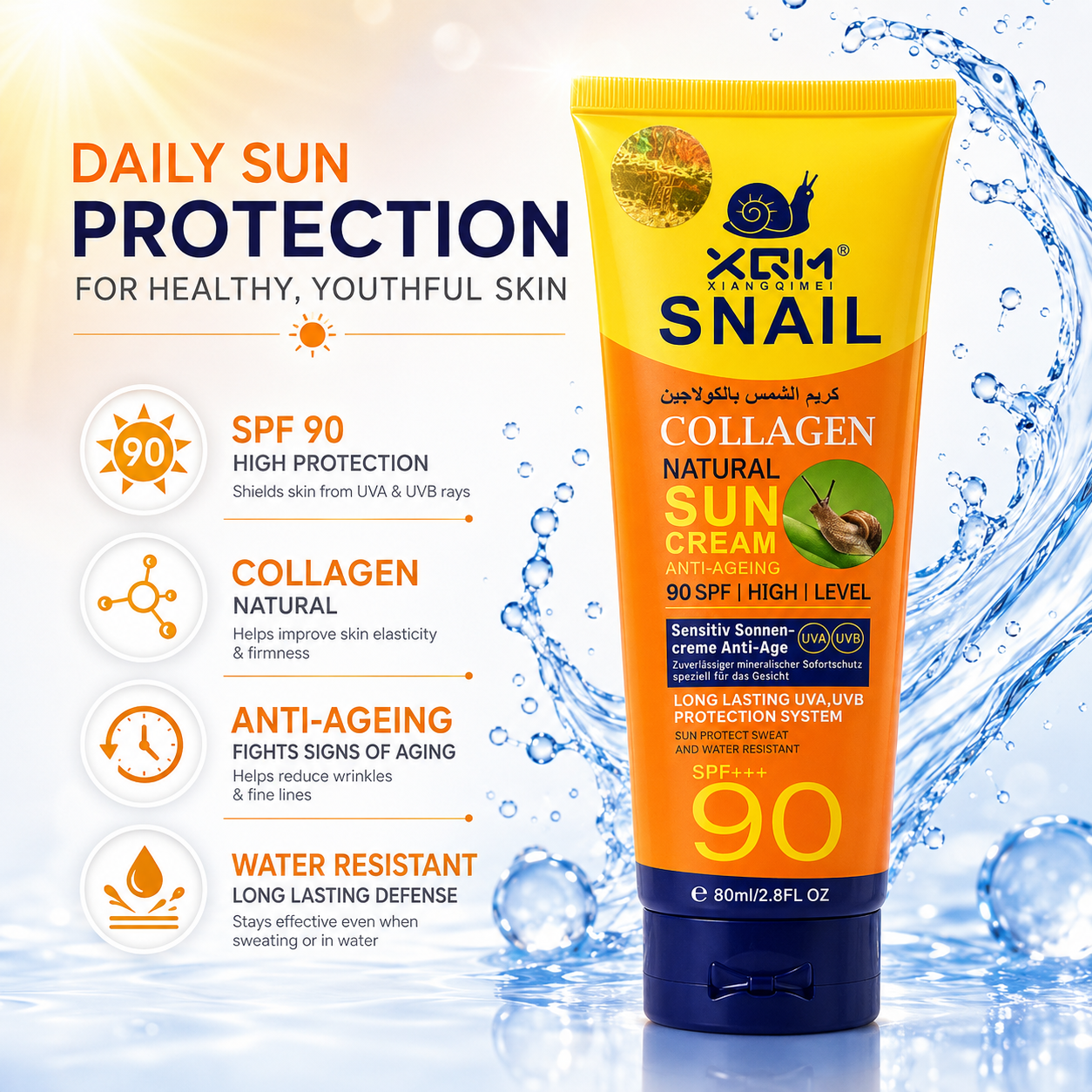 XQM Snail Collagen SPF 90 Sun Cream for daily sun protection